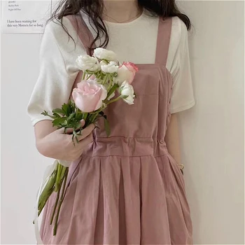 Rochie fără mâneci Femeile Japonia Stil Colegiu Roz Dulce Simplu Fete Rochii All-meci Moda de Vara Reglabil Femme Îmbrăcăminte