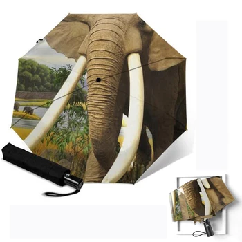 Windproof Auto Deschide Aproape Pongee 3 Pliante Elefant De Imprimare De Moda Paraguas Soare, Umbrelă De Ploaie În Aer Liber Parapluie Rezistent La Apa