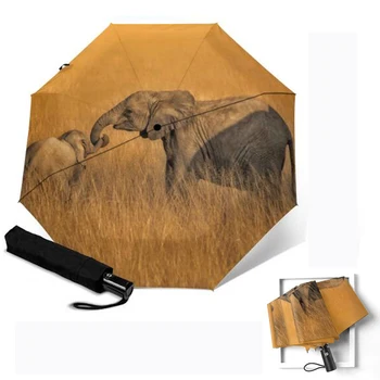 Windproof Auto Deschide Aproape Pongee 3 Pliante Elefant De Imprimare De Moda Paraguas Soare, Umbrelă De Ploaie În Aer Liber Parapluie Rezistent La Apa