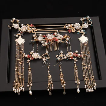 Mireasa roșu Chinezesc frizură cercei vintage perle Ciucure agrafe de păr pieptene accesorii de par de nunta