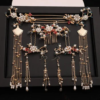 Mireasa roșu Chinezesc frizură cercei vintage perle Ciucure agrafe de păr pieptene accesorii de par de nunta