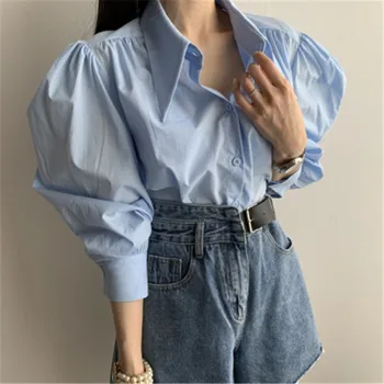 2020 Nou-veniți Frensh Elegant Temperament Bluza Tricou coreeană franceză Chic Verde Guler de Turn-down Puff mâneci Lungi Blusas