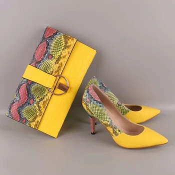 Pantofi galbeni Șarpe Imprimate din Piele cu femei set sac ,pantofi femei pompe Cu Saci de Ambreiaj de Potrivire Seturi de 36-43 vânzare fierbinte A93-1