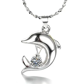 Moda Delfin Drăguț Animale De Cristal Argint 925 Doamna Pandantiv Coliere Bijuterii Originale Pentru Femei Lanț Scurt Fete Cadou