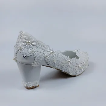 2020 Alb Dantelă pantofii de mireasa Rochie de domnisoara de Onoare pantofi cu Toc Gros de 6,5 cm Med Toc Pantofi Dantela-Up pantofi de flori de sex feminin Pompe
