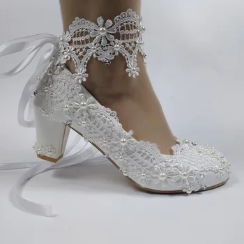 2020 Alb Dantelă pantofii de mireasa Rochie de domnisoara de Onoare pantofi cu Toc Gros de 6,5 cm Med Toc Pantofi Dantela-Up pantofi de flori de sex feminin Pompe