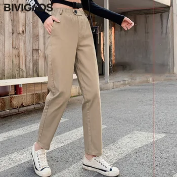 BIVIGAOS Femei Pantaloni Casual de Primavara coreene Noi Vrac Direct Pantaloni Harem Butonul de Înaltă Talie Pantaloni Femei Plus Dimensiune Pantaloni Kaki