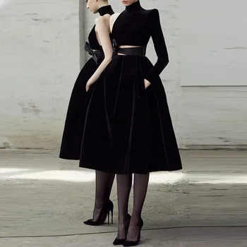 Moda sexy pe un umar petrecerea de banchet rochie de catifea 2020 femei negru cu maneci lungi, slim vintage elegant rochie midi vestido
