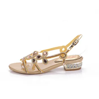 2020 Noi De Vara Femei De Aur Pantofi Elegante, Cu Tocuri De Cristal Diamant Plat Mireasa Nunta Sandale Pentru Femei Online
