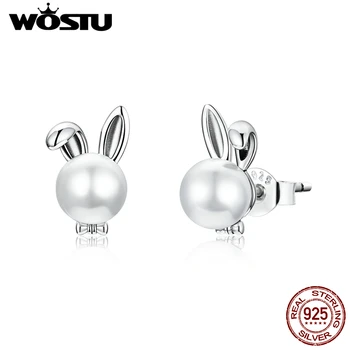 WOSTU Real Argint 925 iepuras Drăguț Stud Cercei Drăguț Animal Pearl Cercei de Împingere înapoi Pentru Femei Bijuterii de Moda CTE463