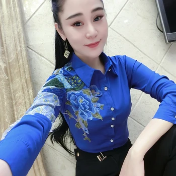 Moda Femei Camasa Alba Femei cu mâneci lungi brodate Topuri Rândul său, în jos guler OL bluza Blusa