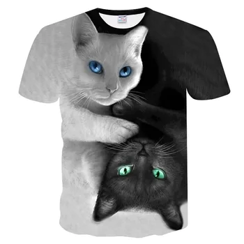 Noua Moda Animal T-shirt Femei/Bărbați doi pisica 3d tricou Fete Alb-Negru Cat de Imprimare Doamna Tricou de Vara cu Maneci Scurte Topuri de sex Feminin