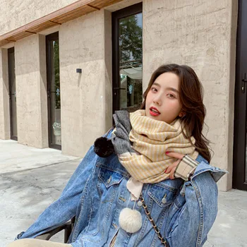 Esarfa Femei Stil Nou pentru Toamna și Iarna Amestecat Dungi de Culoare Minge Korean-Style Moda Șal Lung Eșarfă pentru femei