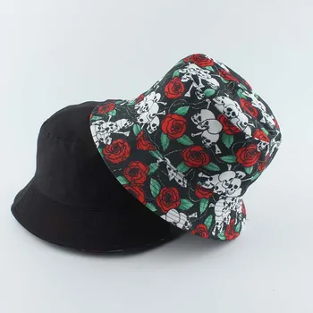 Panama Fishermant Pălărie Harajuku Craniu Și Rose Floare De Imprimare Bucket Hat Pentru Femei Barbati Reversibile Pescuit Capac