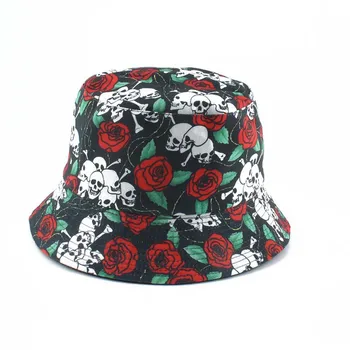 Panama Fishermant Pălărie Harajuku Craniu Și Rose Floare De Imprimare Bucket Hat Pentru Femei Barbati Reversibile Pescuit Capac