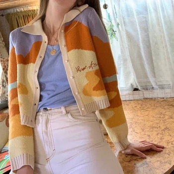 Femei Toamna Vintage Stil Francez Soare De Imprimare Scurte Tricotate Pulover Chic Lady Fashion Singur Pieptul Cardigan Vrac