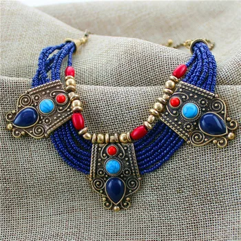 XQ femeie de moda scurt colier Albastru margele placate cu bronz piatra de culoare aliaj de picături de apă multi-strat handmade bijuterii de epocă