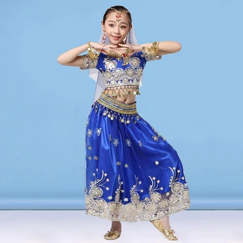 Nouă Copii Belly Dance Haine Sari Indian Haine brodate de Mână Bollywood Costum Set 5pcs (Top+Curea+Fusta+Voal+Caciulita)