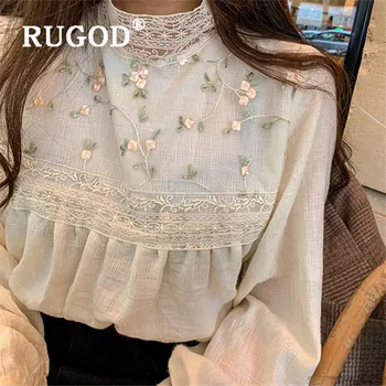 RUGOD Elegant Dantelă de Top Tricou Alb cu Broderie Tunika Pentru Femei Bluze cu Maneca Lunga Boho Chic Moda coreeană Îmbrăcăminte Jumătate Guler