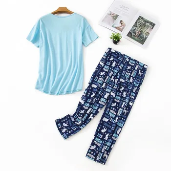 Femei Seturi de Pijama de Culoare Albastru cu Pisici Drăguț Imprimate gât de vițel lungime de bumbac de cauzalitate seturi de pijama fierbinte de vânzare