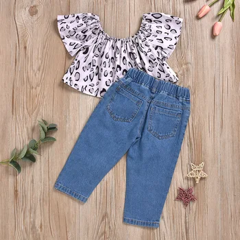 Fete de moda de îmbrăcăminte pentru copii baby maneca scurta leopard topuri tricouri gaura pantaloni din denim blugi copilul tinutele set 2 buc 6M-3Y