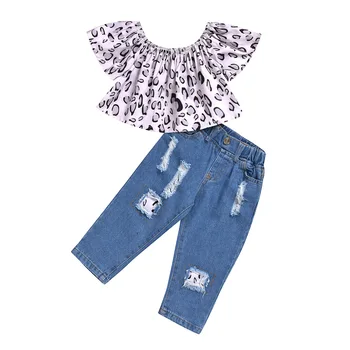 Fete de moda de îmbrăcăminte pentru copii baby maneca scurta leopard topuri tricouri gaura pantaloni din denim blugi copilul tinutele set 2 buc 6M-3Y