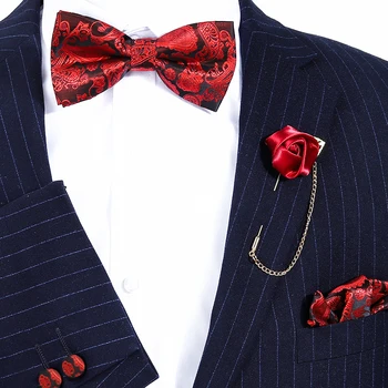 Roșu Gât Cravată Set papioane pentru Barbati Paisley pătrat de Buzunar Petrecere de Nunta de Mătase Fluture Boutonniere Butoni Batista, Papion
