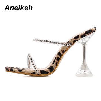 Aneikeh NOI Leopard de Imprimare de Moda Femei Stras Toc Sandale Peep Toe Bază Slip-on Subțire Sandale cu Toc Sandale Pantofi
