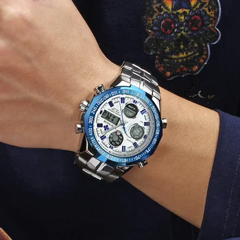 WWOOR Bărbați Ceasuri de Lux, Marca Sport Impermeabil Cronograf Ceas LED Cadran Dual Display Quarzt din Oțel Inoxidabil Bărbați Ceasuri
