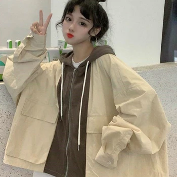 Femei Jachete Cu Glugă Mozaic Fals Două Piese Chic Streetwear Hip Hop Haine Femei Stil Coreean Vrac Scurt Stil Ulzzang Trendy