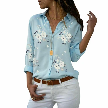 2019 Moda de Vara cu Print Floral de Turn-Down Femei Șifon Bluze Casual cu Maneca Lunga Plaja Doamnelor Topuri Birou Clasic Tricouri 5XL