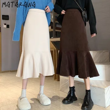 MATAKAWA o Jumătate de lungime de Femei Fusta Toamna și Iarna Nou Stil coreean Gros Fuste cu Talie Înaltă-linie Solidă Trompetă / Sirenă