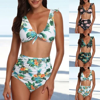 LOOZYKIT Femei Florale Imprimare de Două piese Ruched Talie Mare Bikini Seturi Cravata Față de costume de Baie Plus Dimensiune 2XL Beachwears Biniqui Mujer