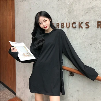 Primăvara Harajuku solid supradimensionat tricou Split Buton Lateral Alb negru tricou Lung toamnă O-Gât Creativitatea Femei, tricouri, topuri
