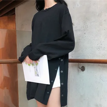 Primăvara Harajuku solid supradimensionat tricou Split Buton Lateral Alb negru tricou Lung toamnă O-Gât Creativitatea Femei, tricouri, topuri
