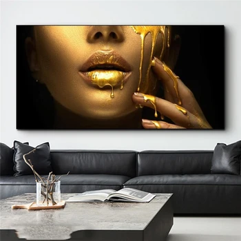 De aur Femeie Africană Fata Canvas Postere de Arta Sexy Buze Panza Picturi pe Perete Imagini de Artă pentru Living Modern Decor