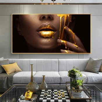 De aur Femeie Africană Fata Canvas Postere de Arta Sexy Buze Panza Picturi pe Perete Imagini de Artă pentru Living Modern Decor