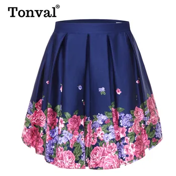 Tonval Plus Dimensiune Lung Elegant De Epocă Femei Fusta Bleumarin Cu Talie Înaltă Print Floral Rockabilly Midi Fuste Plisate