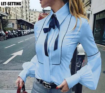 Femei Cu Maneci Lungi Pure Slim Lantern Maneca Profesionale Camasa Office Papion Elegant Munca Butonul Cravata Camasa Casual