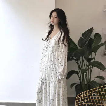 Bella Filosofie coreeană de Moda Rochie de Vară Lungă Puff Maneca Retro Polka Dot Long Pphome Rochie de Vacanță V-gât Adânc O Linie de Rochie