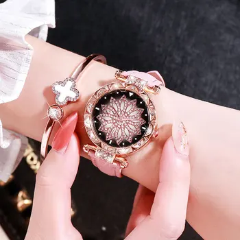 Moda de lux Diamant Femei Privesc Cerul Înstelat Doamnelor Ceasuri Casual din Piele Trupa Cuarț Ceas de mână de sex Feminin Ceas zegarek damski