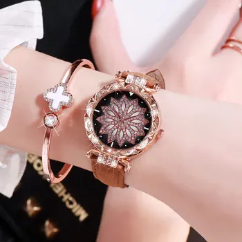 Moda de lux Diamant Femei Privesc Cerul Înstelat Doamnelor Ceasuri Casual din Piele Trupa Cuarț Ceas de mână de sex Feminin Ceas zegarek damski