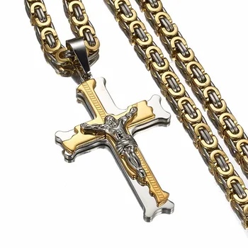 Crucea Pandantiv Colier Noua Moda Bijuterii Bărbătești Trendy, De Culoare Argintie Culoare De Aur Din Oțel Inoxidabil Gros Link-Ul Bizantin Lanț Cravată