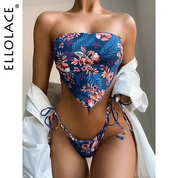 Ellolace Florale De Imprimare De Costume De Baie Femei Costum De Baie Bandeau Separate Bikini Brazilian Micro Bikini Set Costum De Baie Femei Dropshipping