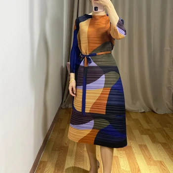 Toamna 2020 casual de vara tunici stand guler model geometric de imprimare de mari dimensiuni la modă Miyake rochie plisată 903