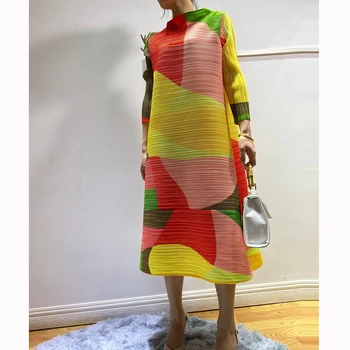 Toamna 2020 casual de vara tunici stand guler model geometric de imprimare de mari dimensiuni la modă Miyake rochie plisată 903
