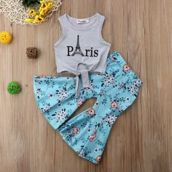 2018 Nou Copil Fete Haine Copii Fete Vesta Topuri Turnul Eiffel T-shirt+Picior Larg Floral Pantaloni de Vara Haine Copii Haine