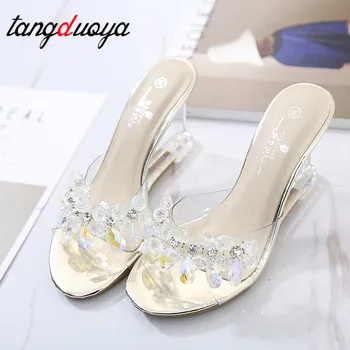 2020 Femei Papuci de Cristal Wedge Sandale Feminine Cristal Transparent Tocuri Stras Wedge Sandale de moda de vara cu toc