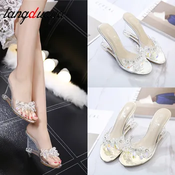 2020 Femei Papuci de Cristal Wedge Sandale Feminine Cristal Transparent Tocuri Stras Wedge Sandale de moda de vara cu toc