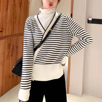 Fals Două Piese Pulover Femei, cu Maneci Lungi Largi cu Dungi Pulover Guler All-meci Simplu de Agrement coreeană Stil Trendy C-217